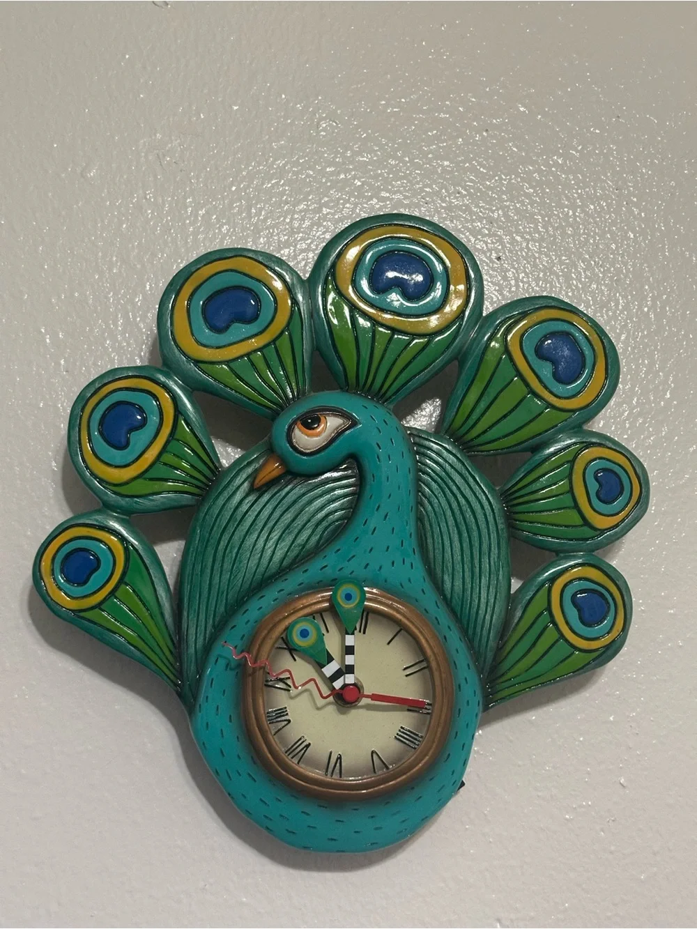 Allen Designs Peacock Pendulum Wall Clock Whimsical Teal Resin Bird Timepiece